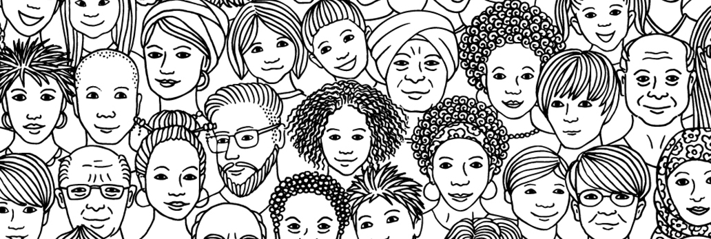 Black and white vector illustration of individuals of various ethnic backgrounds