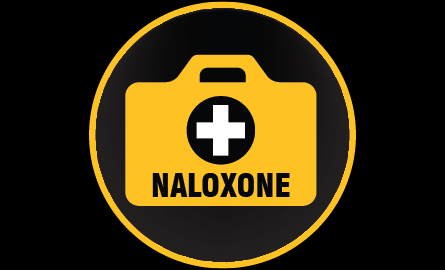 An illustration of a first aid kit with the word naloxone on it