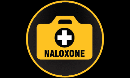 An illustration of a first aid kit with the word naloxone on it