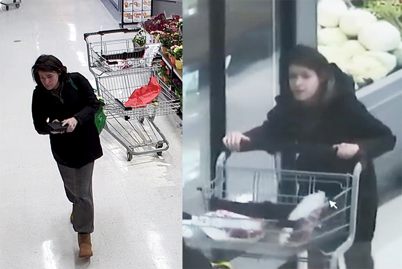 Female suspect with dark hair, black jacket, grey track pants and brown Ugg boots.